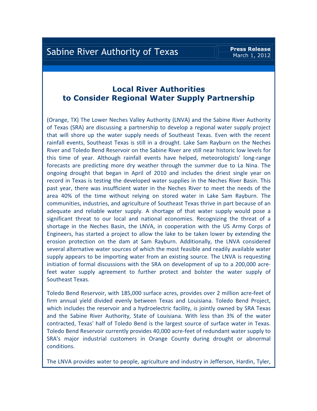 Sabine River Authority of Texas March 1, 2012