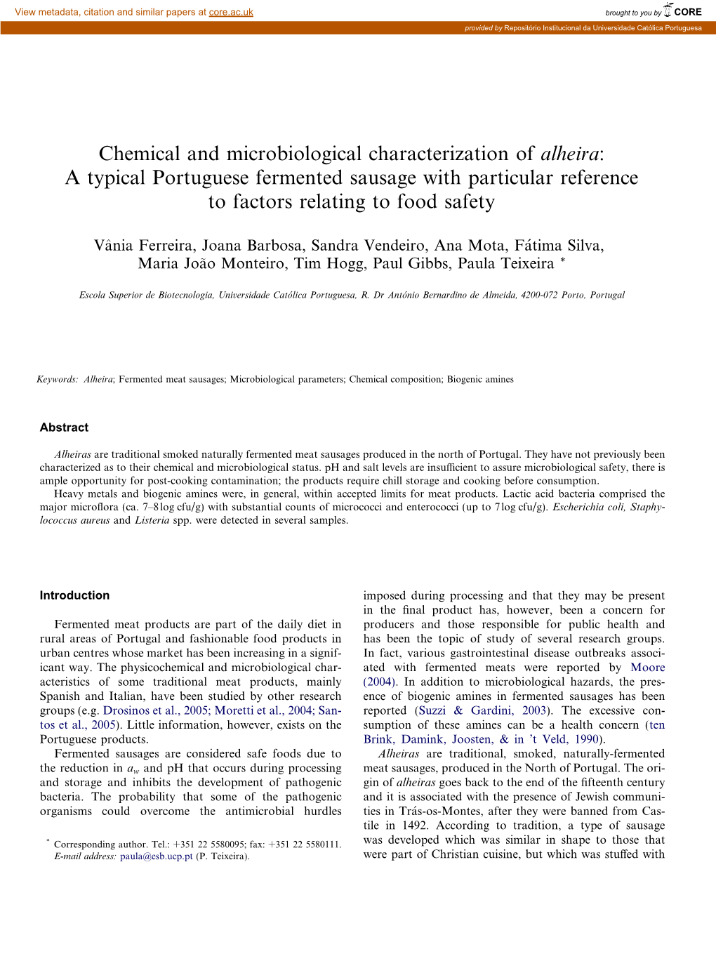 Chemical and Microbiological Characterization of Alheira: a Typical Portuguese Fermented Sausage with Particular Reference to Factors Relating to Food Safety