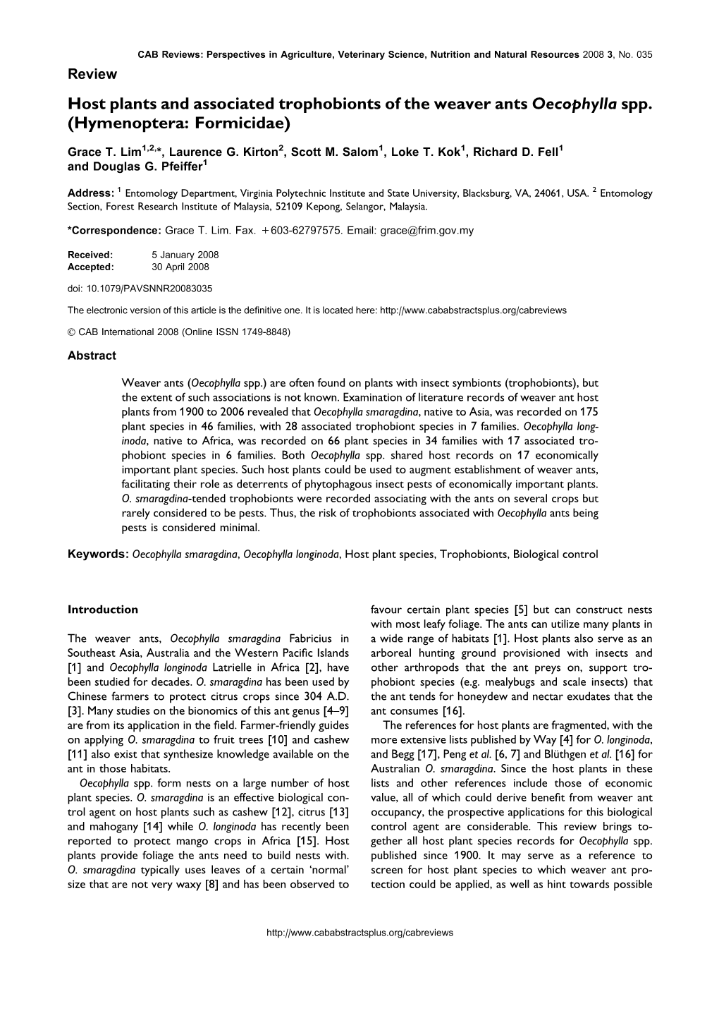 Host Plants and Associated Trophobionts of the Weaver Ants Oecophylla Spp