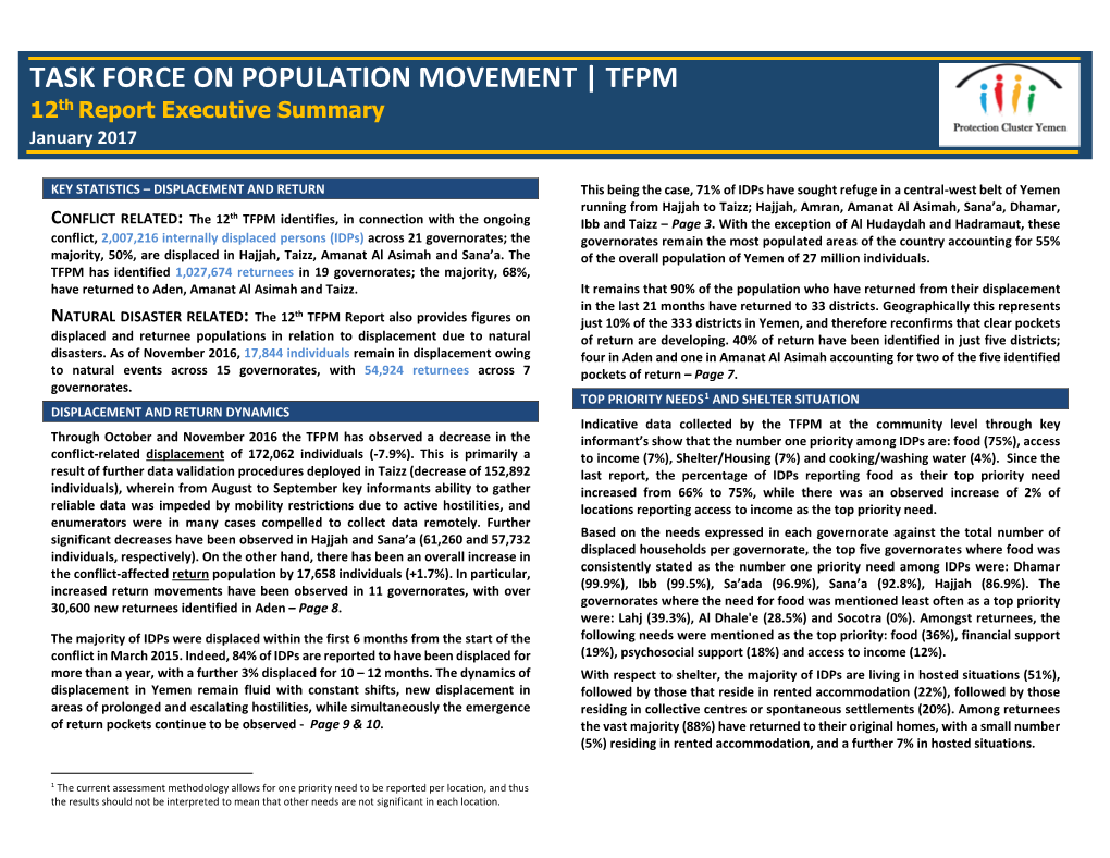 TASK FORCE on POPULATION MOVEMENT | TFPM 12Th Report Executive Summary January 2017