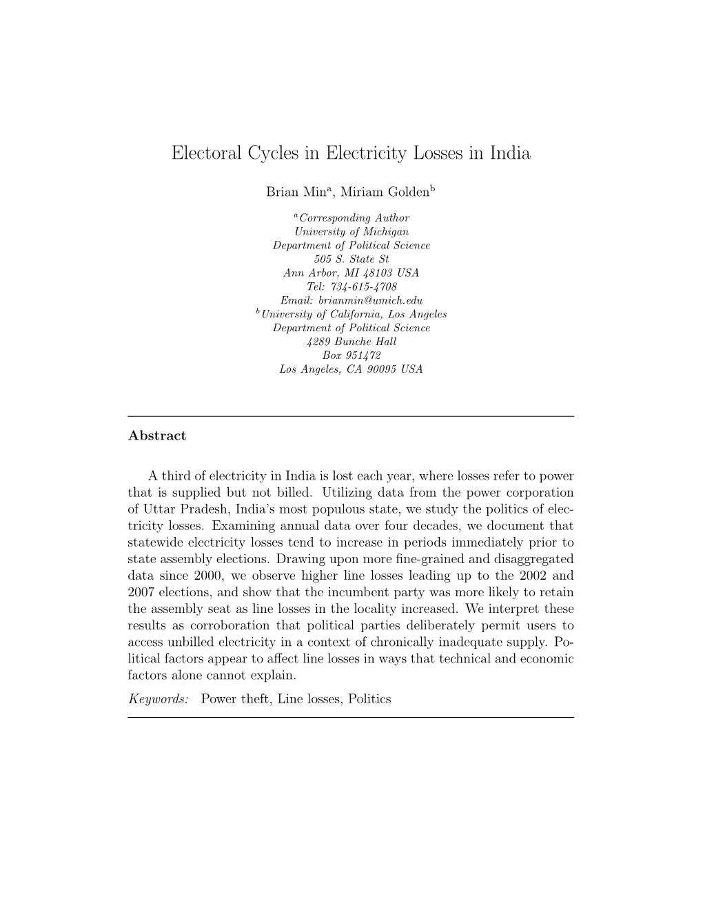 Electoral Cycles in Electricity Losses in India