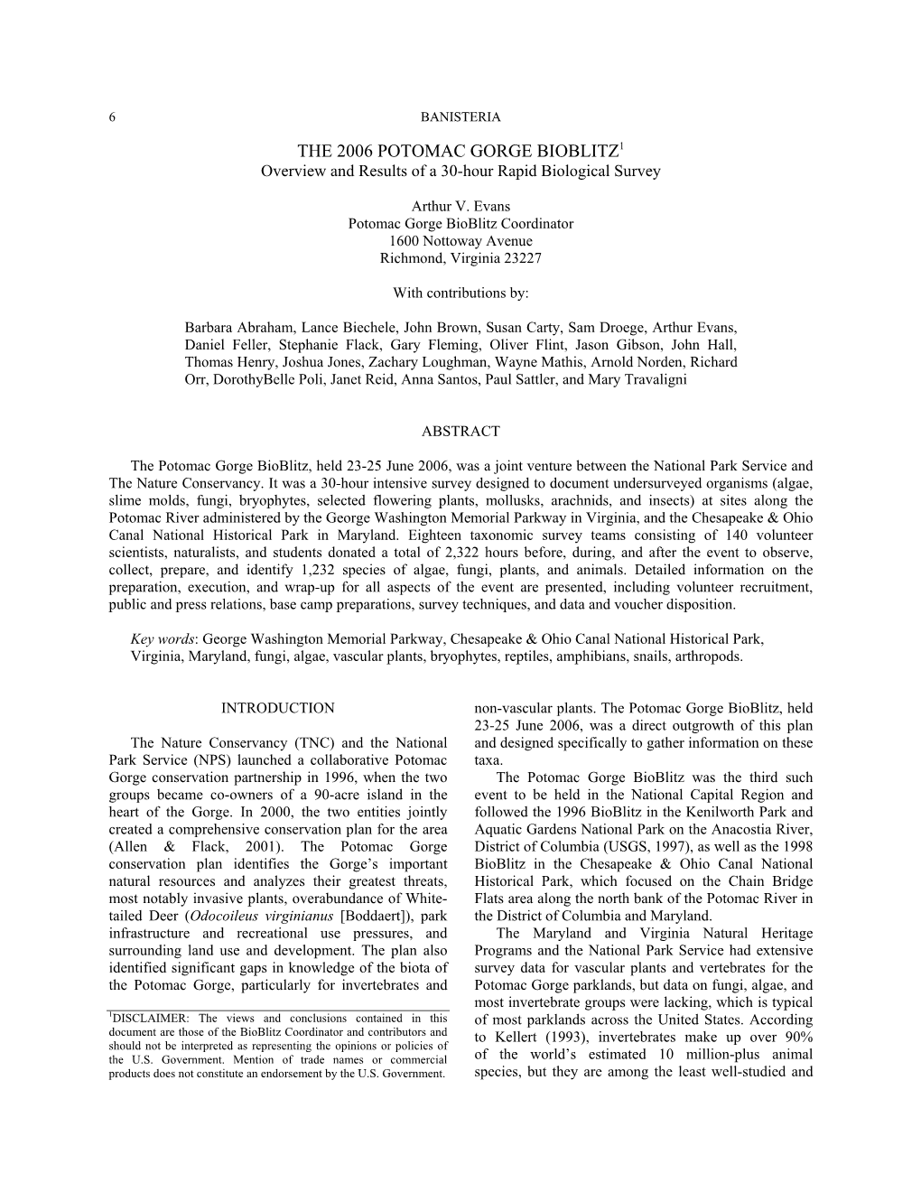 THE 2006 POTOMAC GORGE BIOBLITZ1 Overview and Results of a 30-Hour Rapid Biological Survey