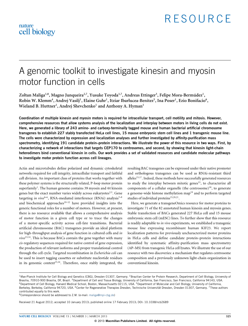 A Genomic Toolkit to Investigate Kinesin and Myosin Motor Function in Cells