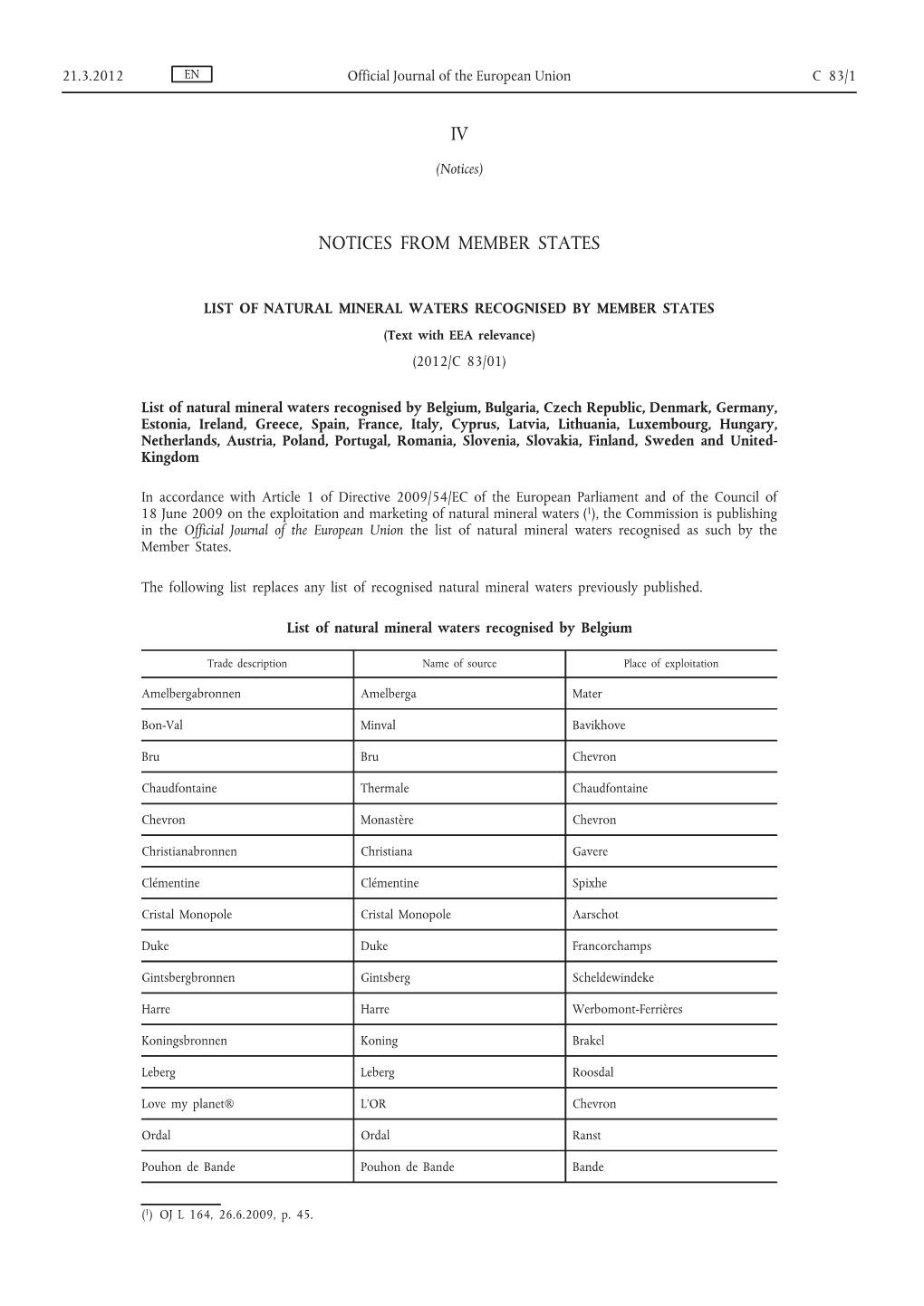 LIST of NATURAL MINERAL WATERS RECOGNISED by MEMBER STATES (Text with EEA Relevance) (2012/C 83/01)