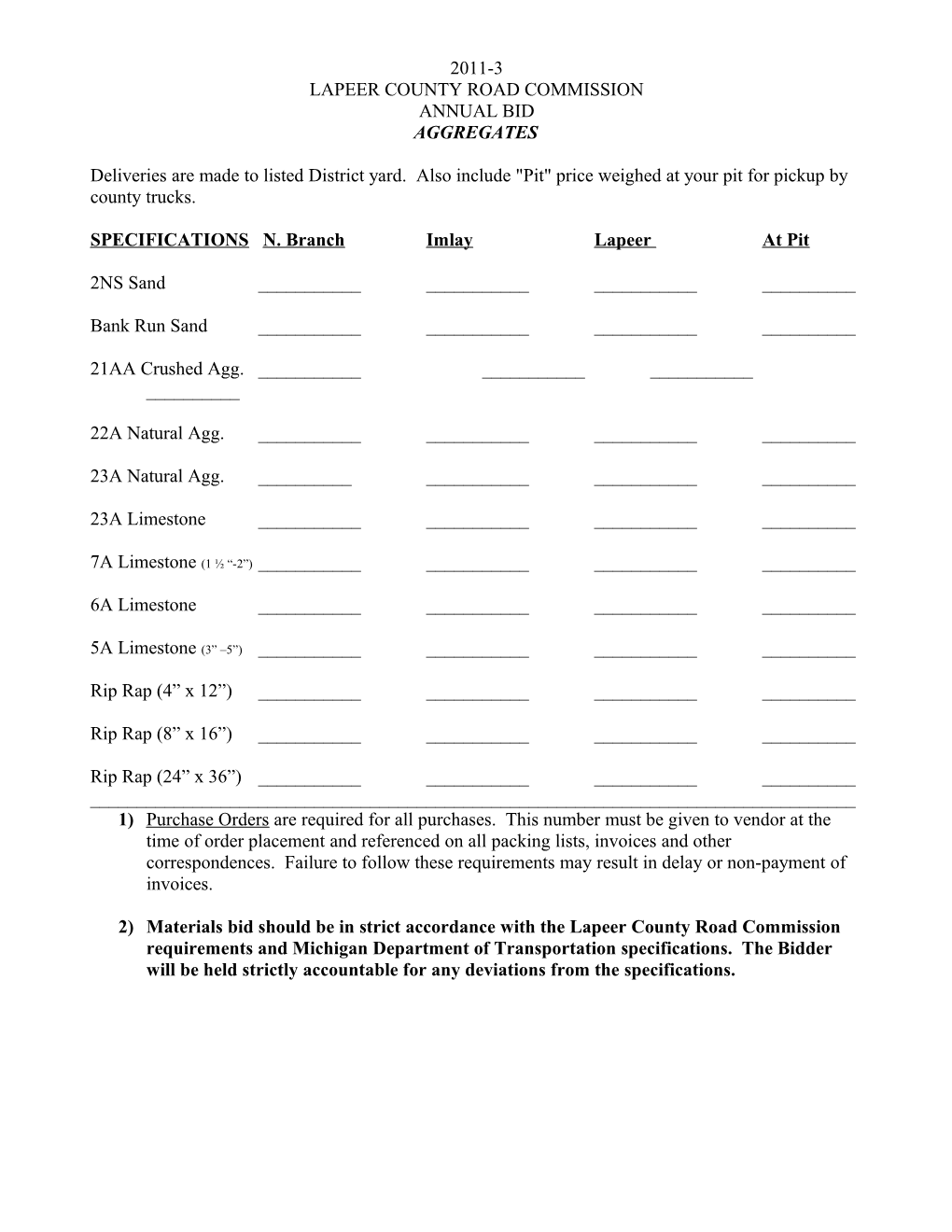 SPECIFICATIONS N. Branch Imlay Lapeer at Pit