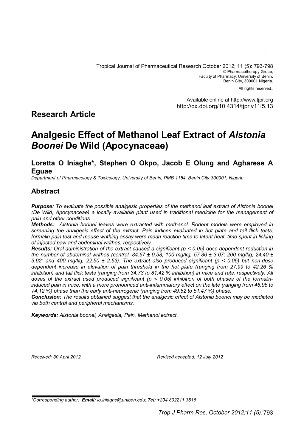 Analgesic Effect of Methanol Leaf Extract of Alstonia Boonei De Wild (Apocynaceae)