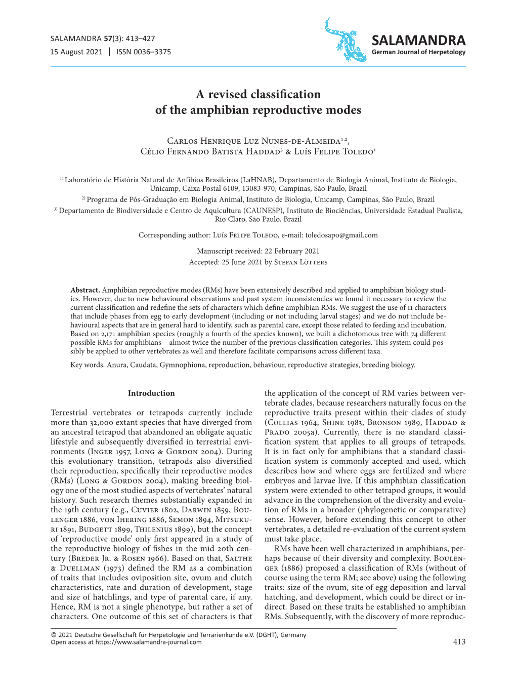 A Revised Classification of the Amphibian Reproductive Modes