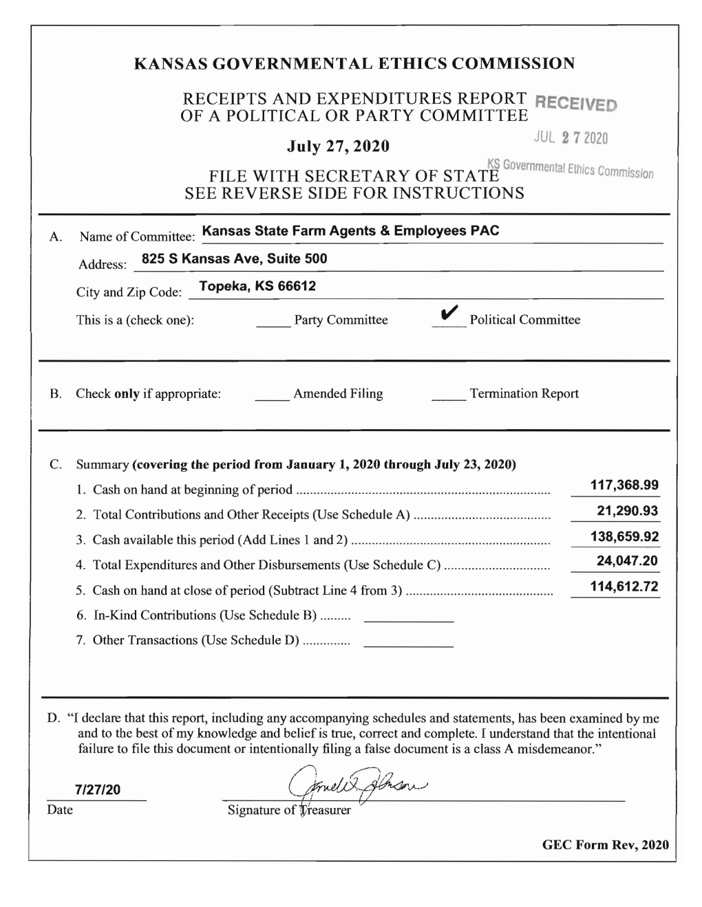 Receipts and Expenditures Report Received of a Political Or Party Committee File with Secretary of State See Reverse Side for I