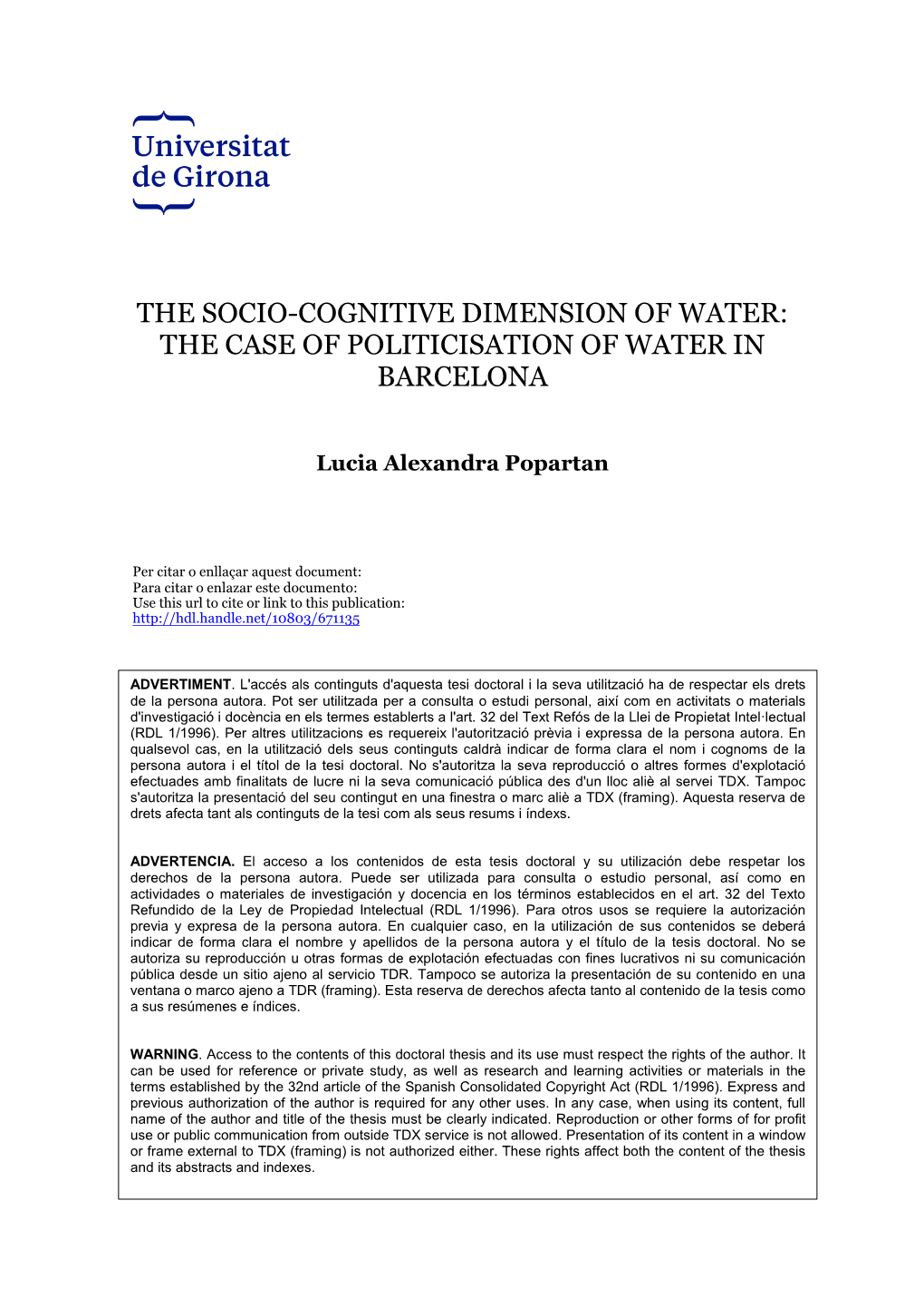 The Socio-Cognitive Dimension of Water: the Case of Politicisation of Water in Barcelona