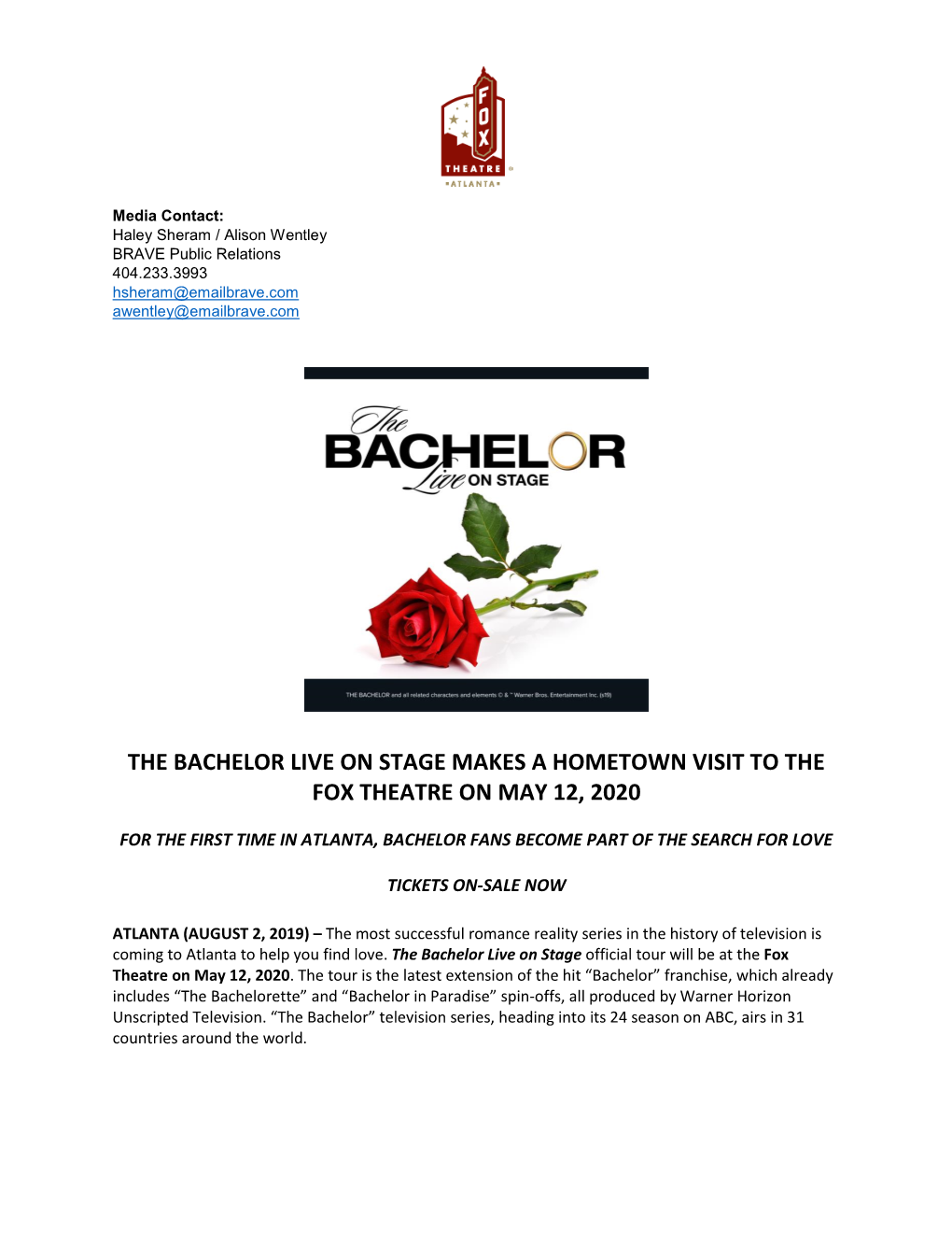 The Bachelor Live on Stage Makes a Hometown Visit to the Fox Theatre on May 12, 2020