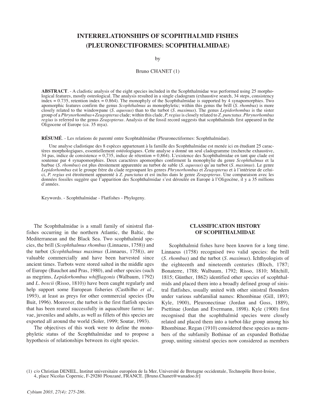 Interrelationships of Scophthalmid Fishes (Pleuronectiformes: Scophthalmidae)