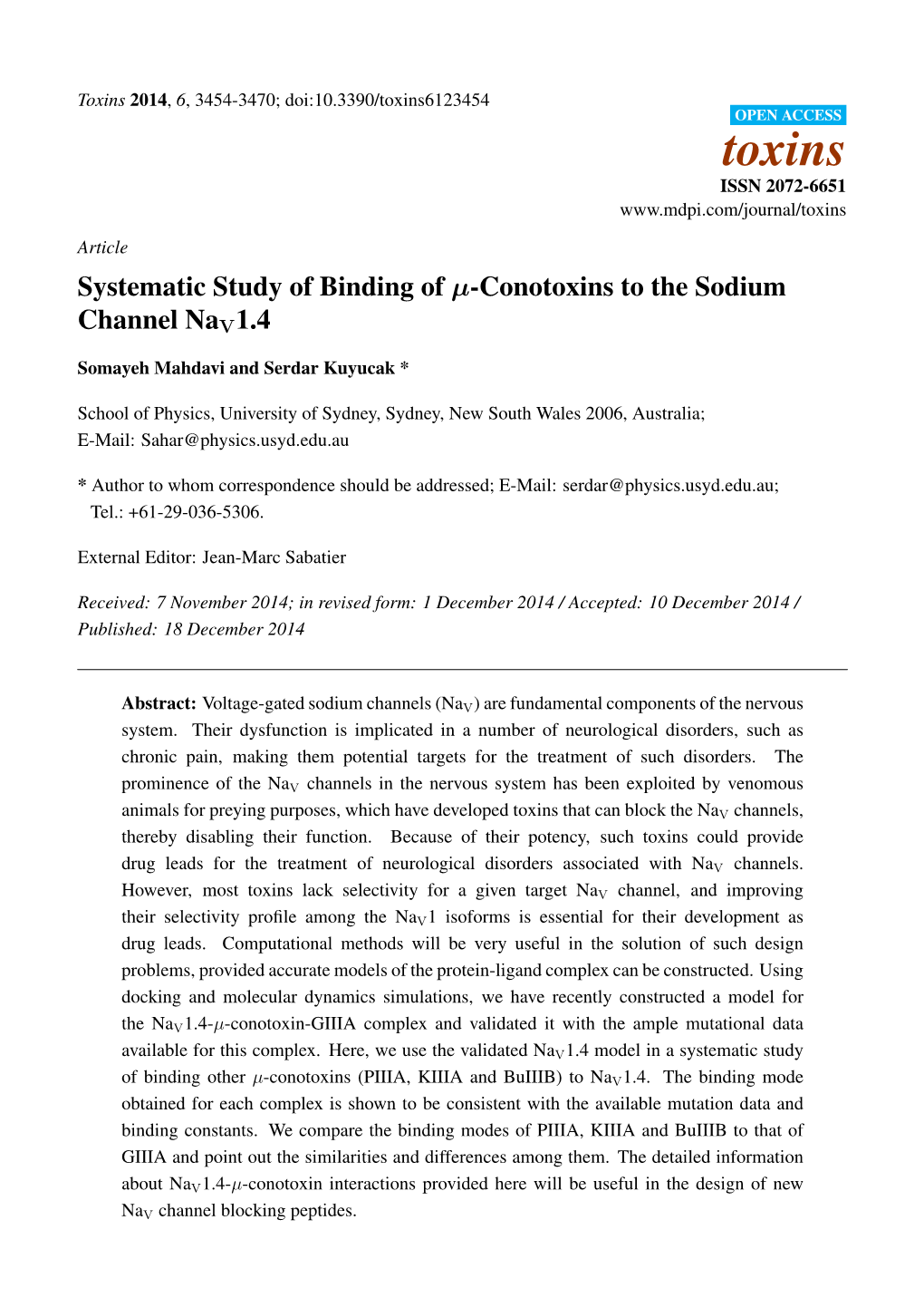 Conotoxins to the Sodium Channel Nav1.4