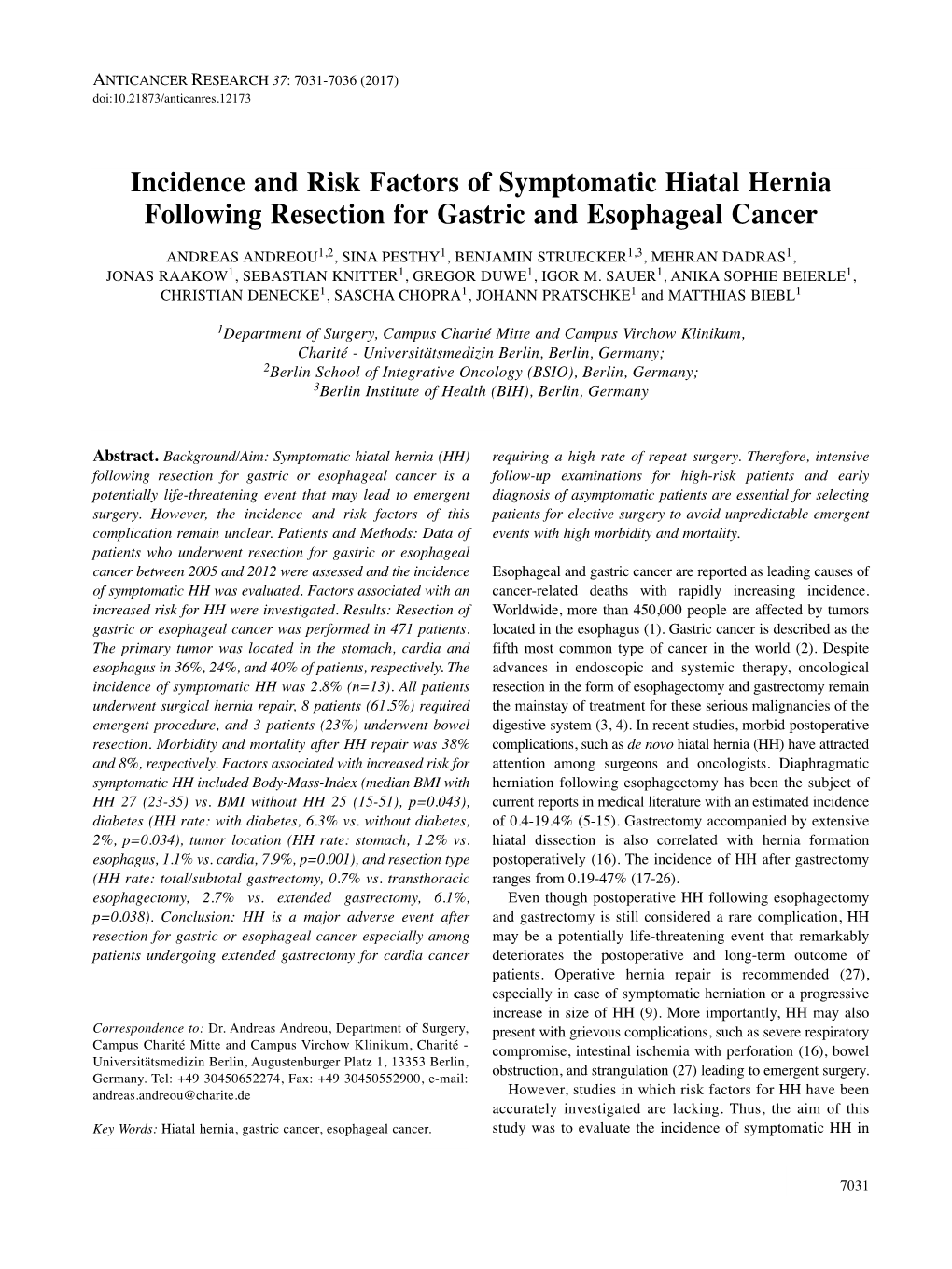 Incidence and Risk Factors of Symptomatic Hiatal Hernia