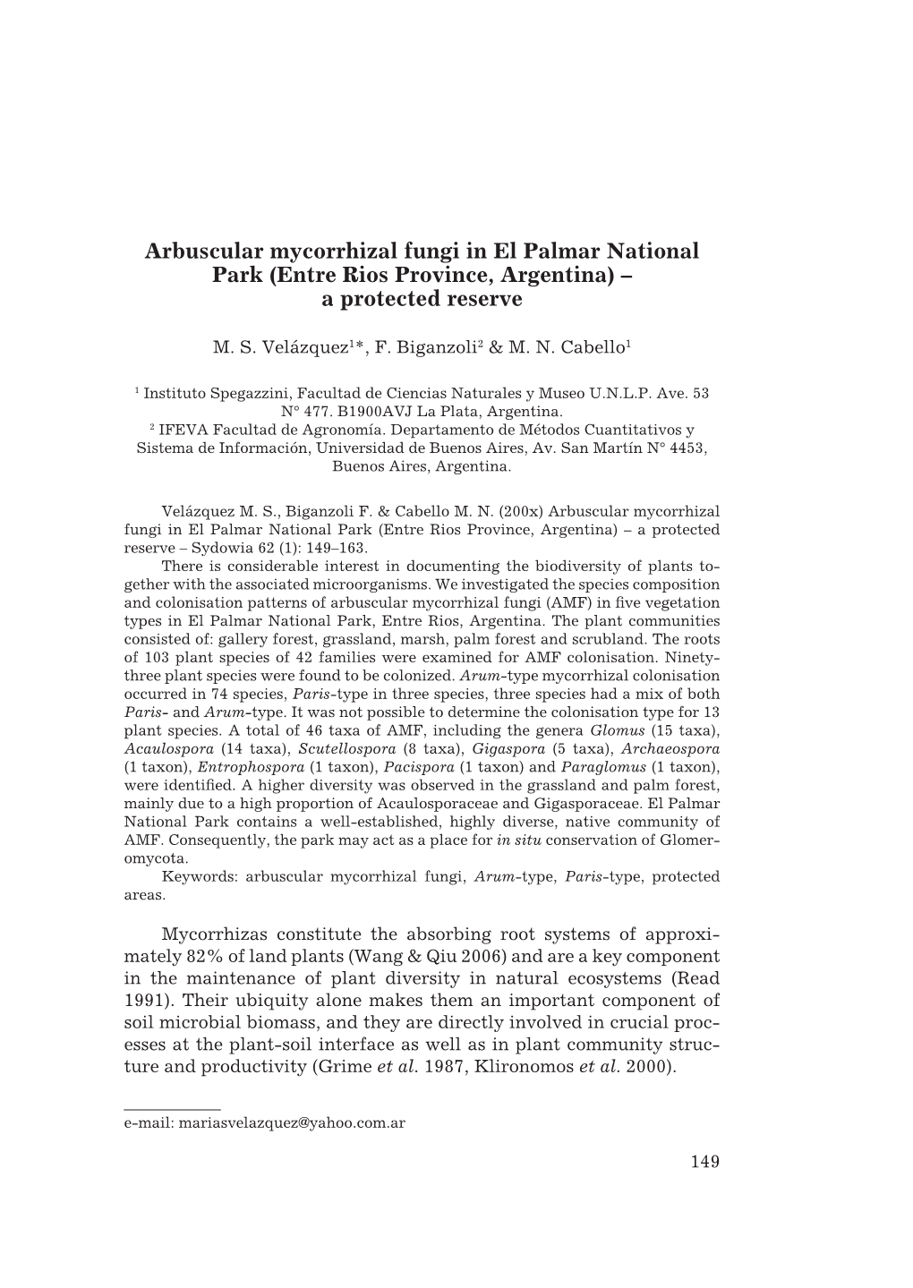 Arbuscular Mycorrhizal Fungi in El Palmar National Park (Entre Rios Province, Argentina) – a Protected Reserve