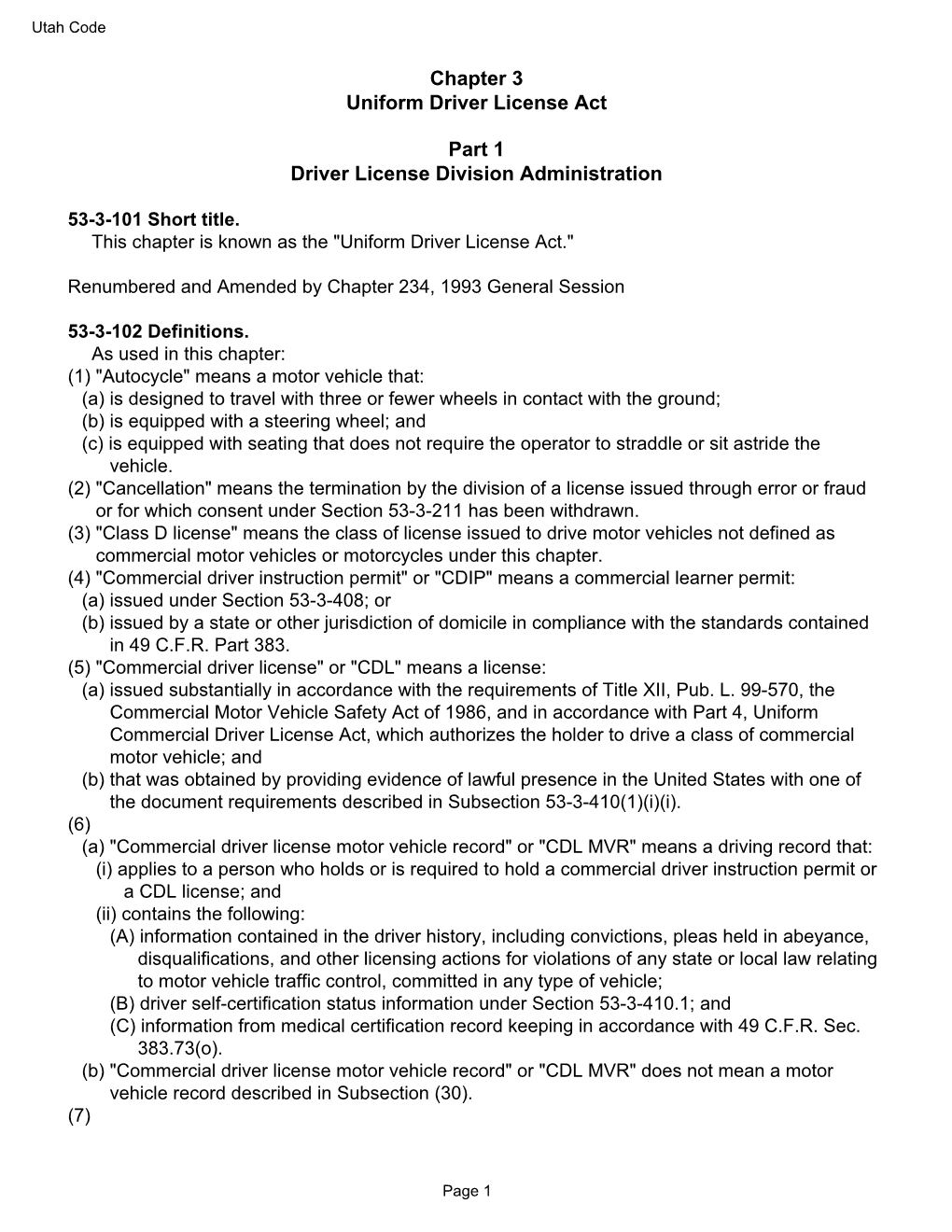 Chapter 3 Uniform Driver License Act Part 1 Driver License Division Administration