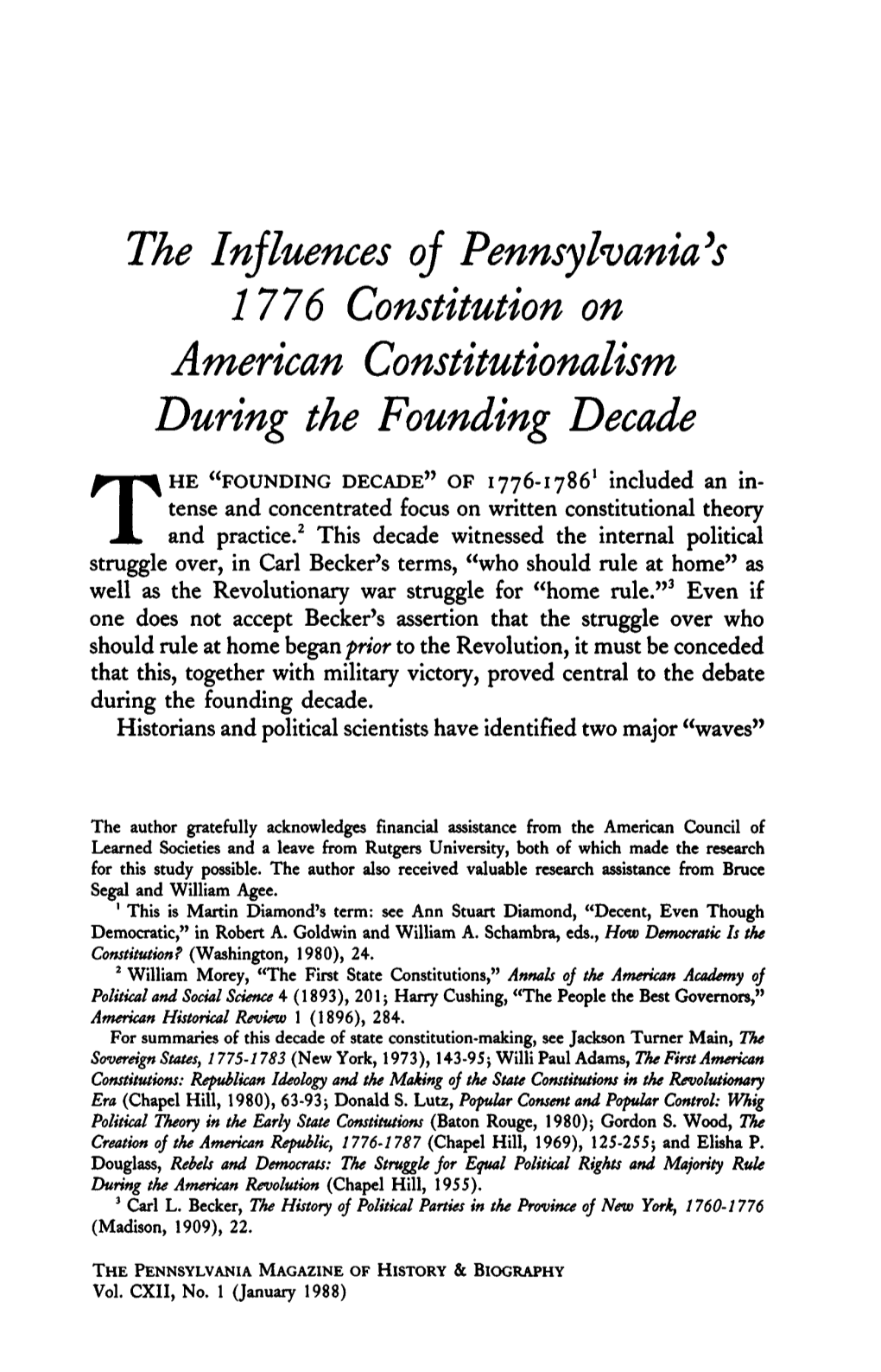 The Influences of Pennsylvania's 1776 Constitution on American Constitutionalism During the Founding Decade