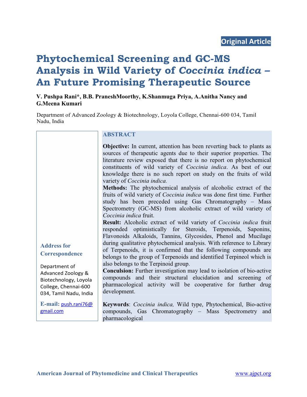 Phytochemical Screening and GC-MS Analysis in Wild Variety of Coccinia Indica – an Future Promising Therapeutic Source V