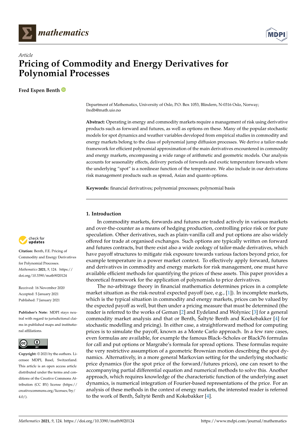 Pricing of Commodity and Energy Derivatives for Polynomial Processes