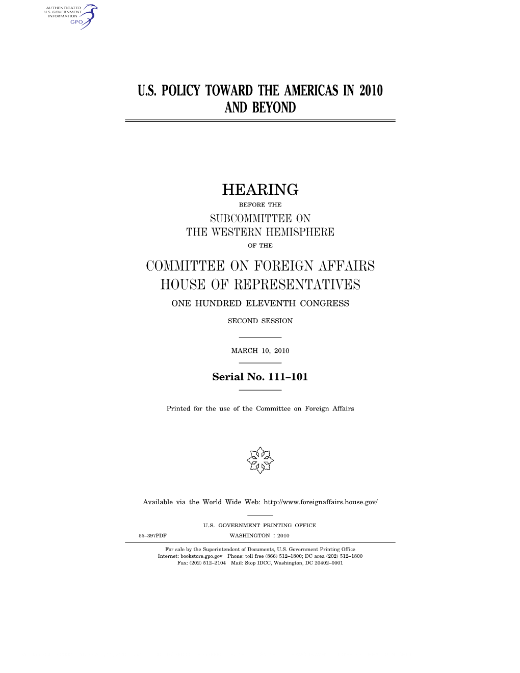 U.S. Policy Toward the Americas in 2010 and Beyond