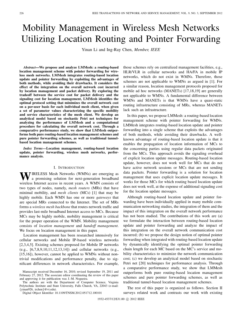 Mobility Management in Wireless Mesh Networks Utilizing Location Routing and Pointer Forwarding Yinan Li and Ing-Ray Chen, Member, IEEE