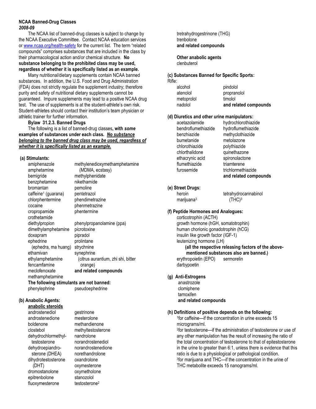 NCAA Banned Drug List