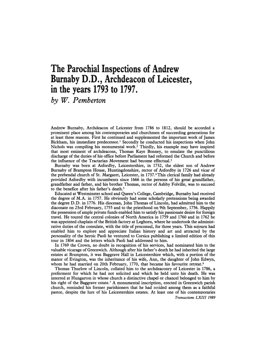 The Parochial Inspections of Andrew Burnaby D.D., Archdeacon of Leicester, in the Years 1793 to 1797