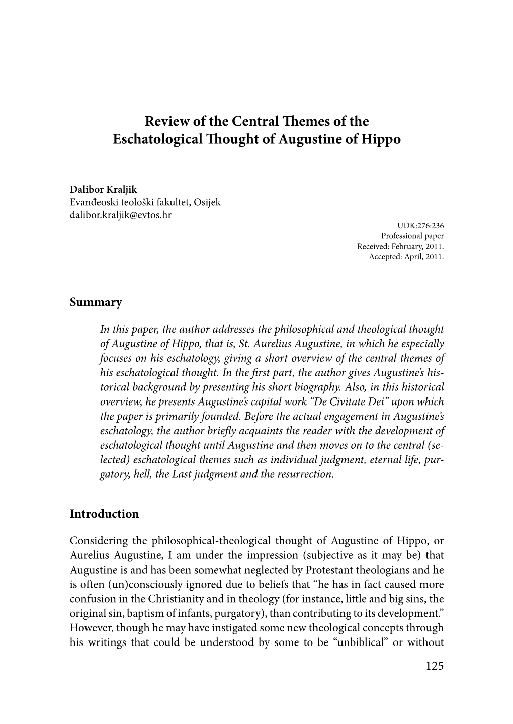 Review of the Central Themes of the Eschatological Thought of Augustine of Hippo