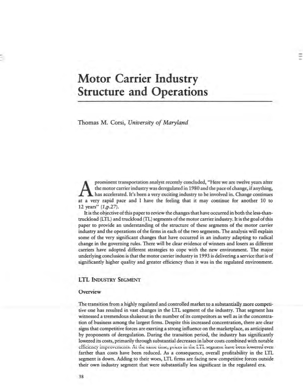 Motor Carrier Industry Structure and Operations