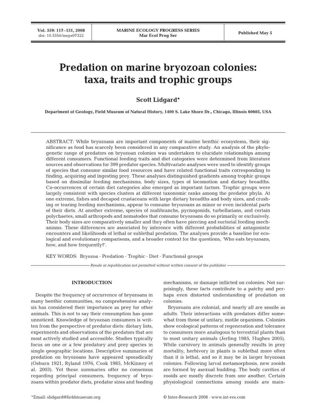 Predation on Marine Bryozoan Colonies: Taxa, Traits and Trophic Groups