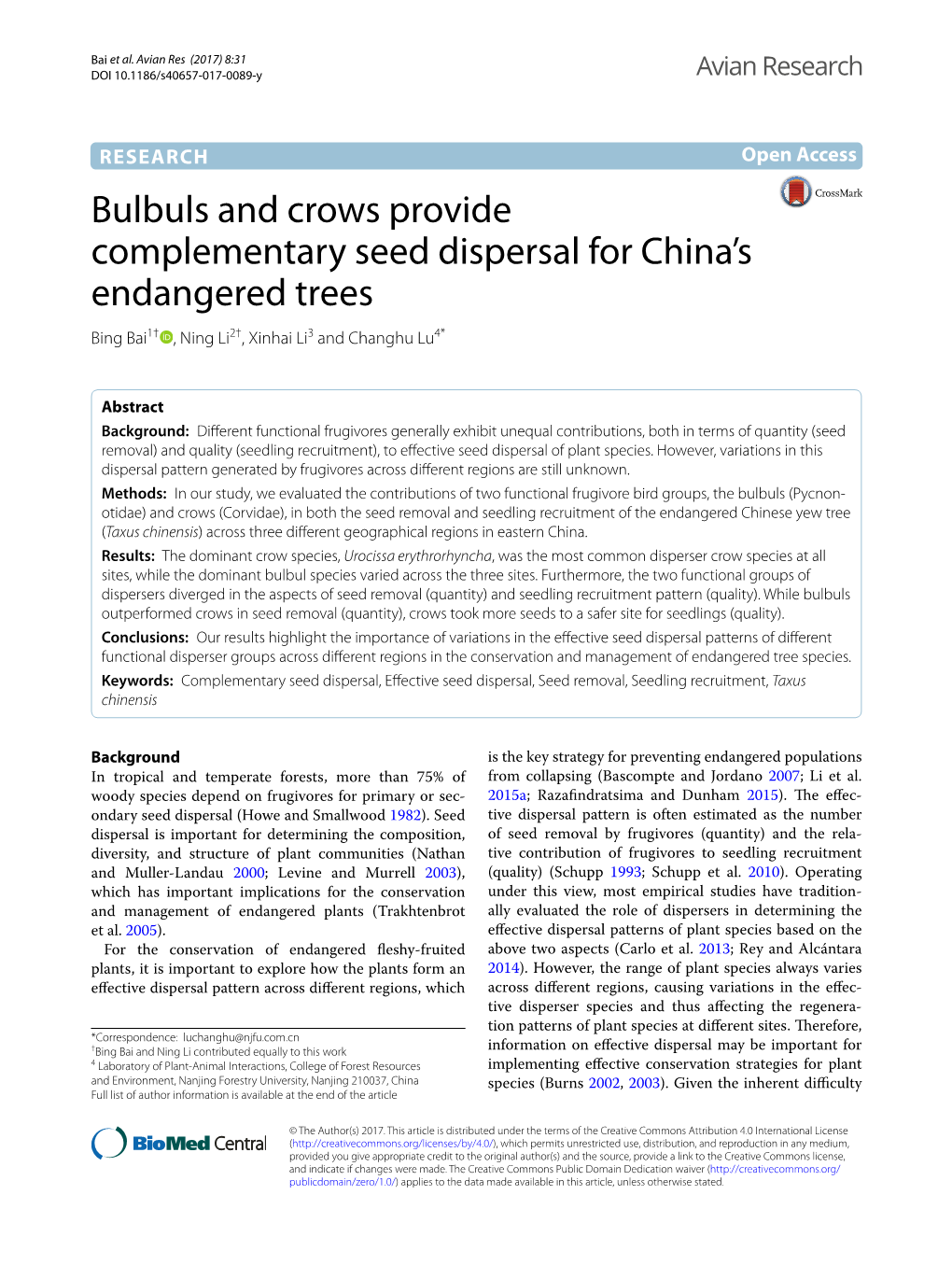 Bulbuls and Crows Provide Complementary Seed Dispersal for China’S Endangered Trees Bing Bai1† , Ning Li2†, Xinhai Li3 and Changhu Lu4*