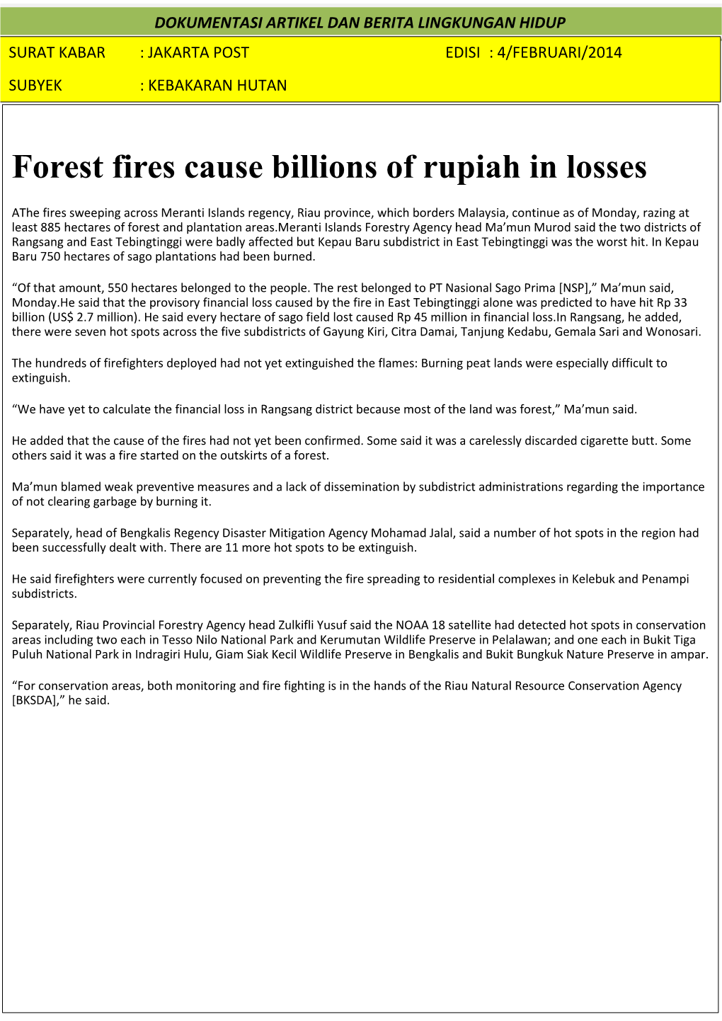 Forest Fires Cause Billions of Rupiah in Losses