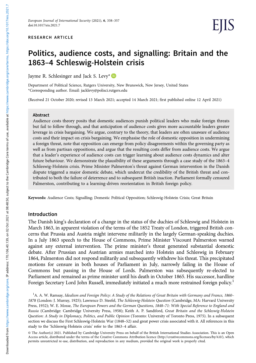 Politics, Audience Costs, and Signalling: Britain and the 1863–4 Schleswig-Holstein Crisis