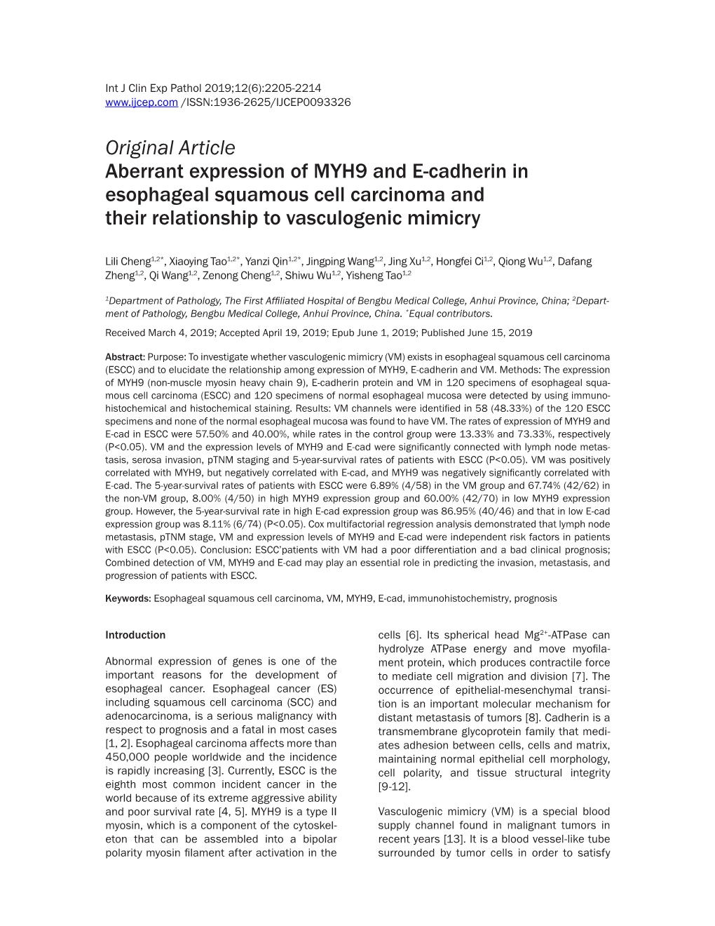 Original Article Aberrant Expression of MYH9 and E-Cadherin in Esophageal Squamous Cell Carcinoma and Their Relationship to Vasculogenic Mimicry