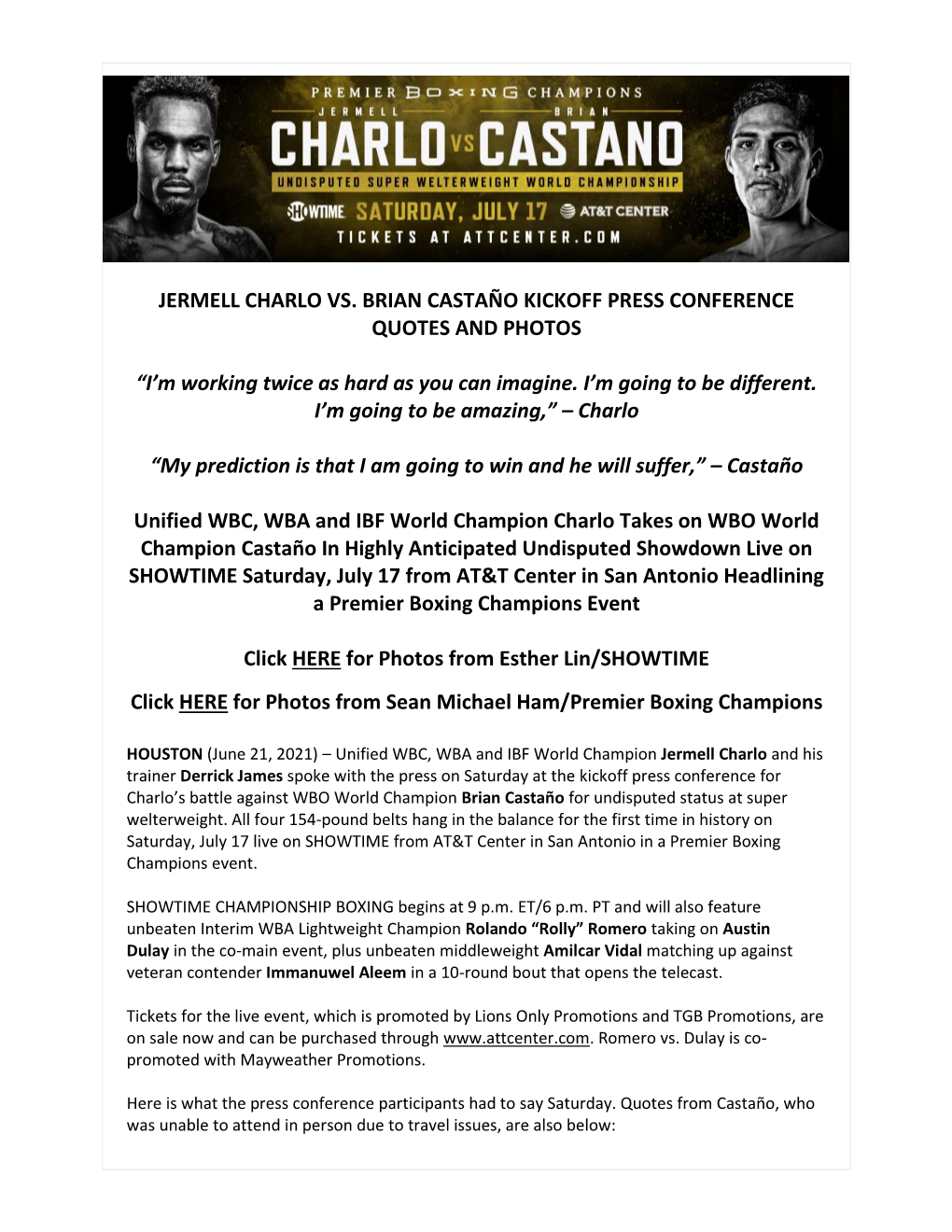 Jermell Charlo Vs. Brian Castaño Kickoff Press Conference Quotes and Photos