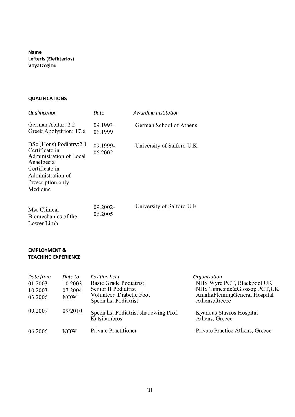 Curriculum Vitae – Format 2