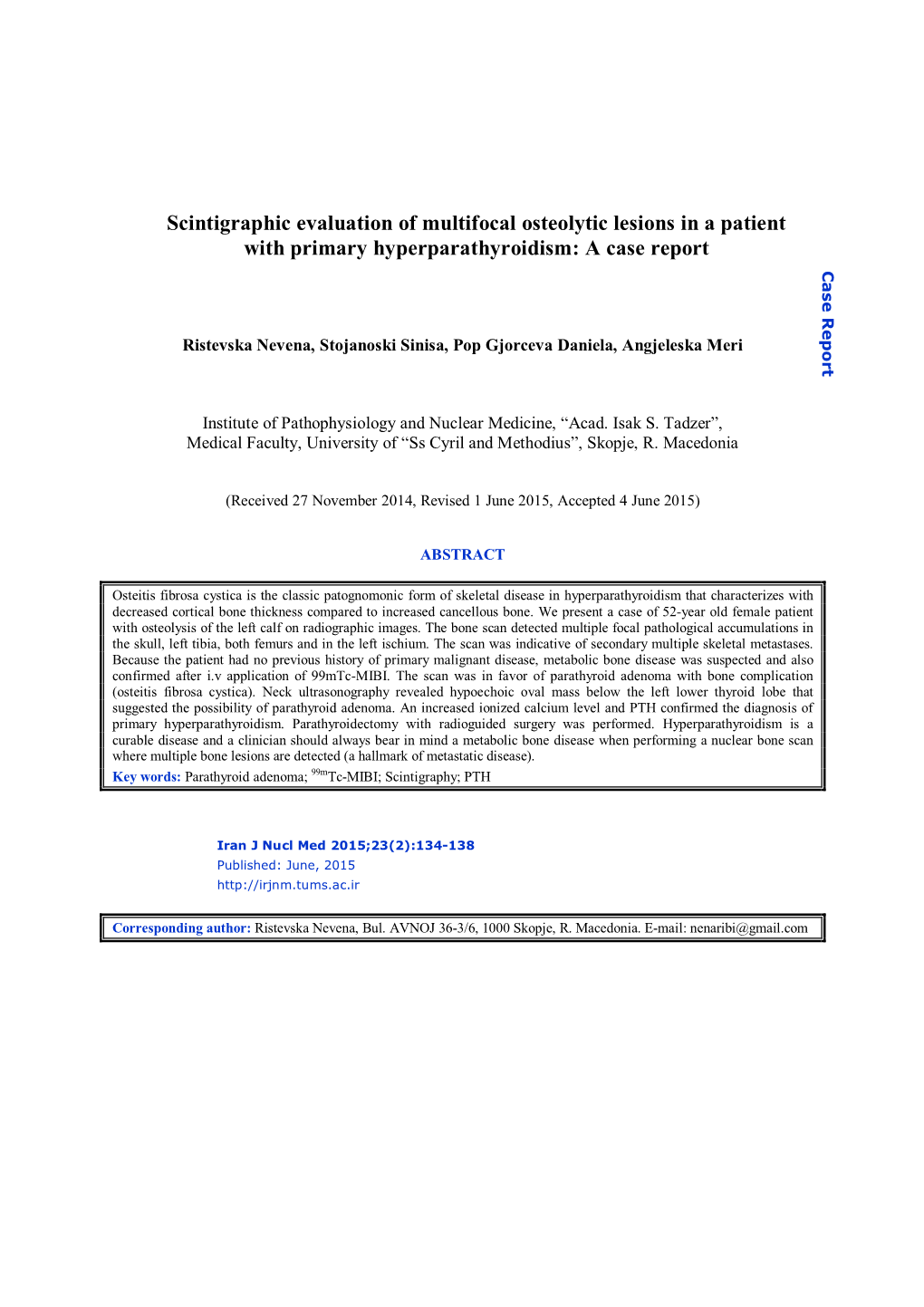 Scintigraphic Evaluation of Multifocal Osteolytic Lesions in a Patient with Primary Hyperparathyroidism: a Case Report