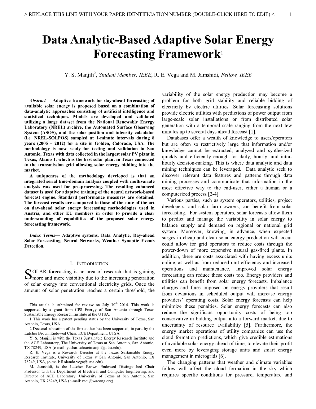 Data Analytic-Based Adaptive Solar Energy Forecasting Framework1