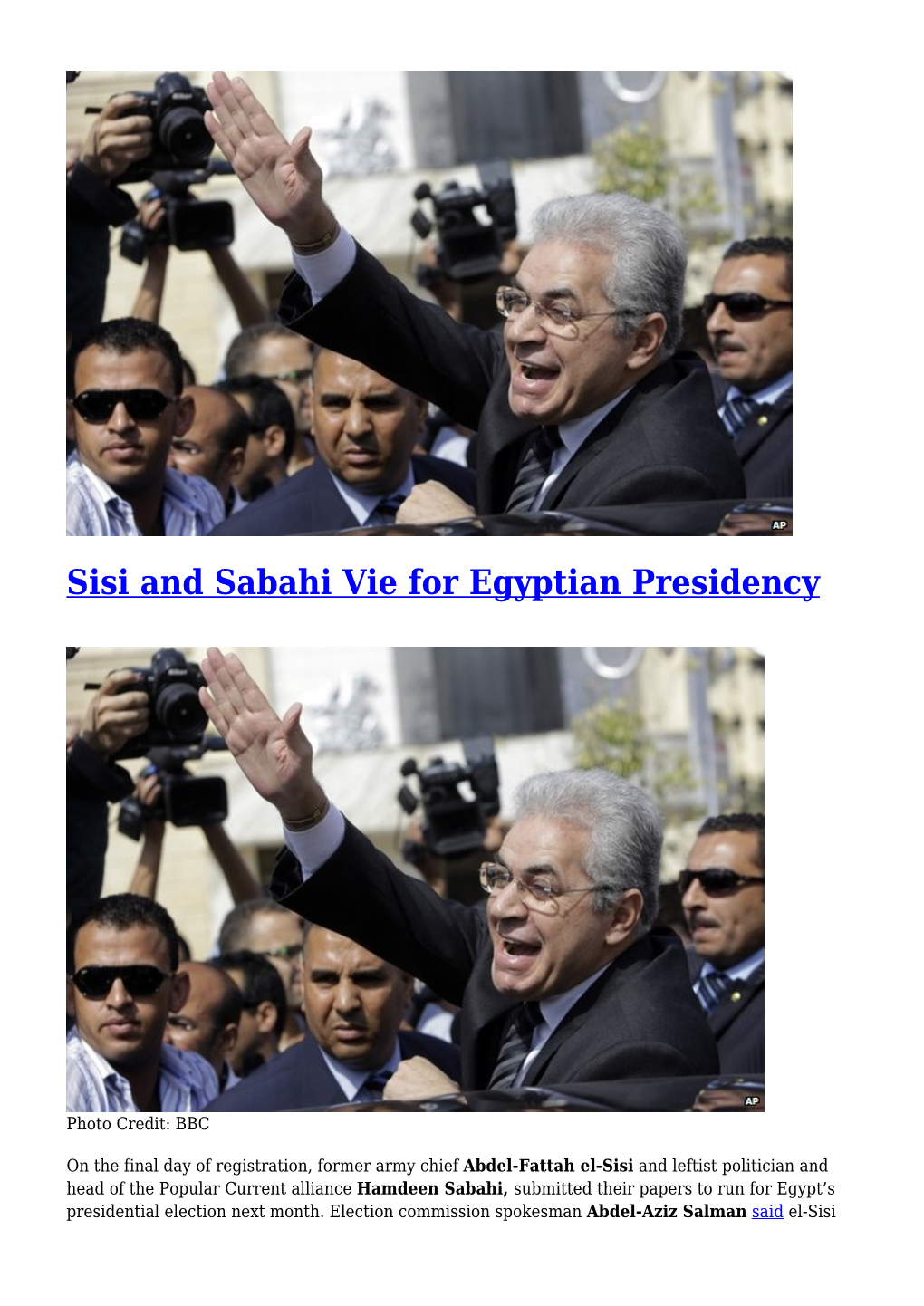 Sisi and Sabahi Vie for Egyptian Presidency