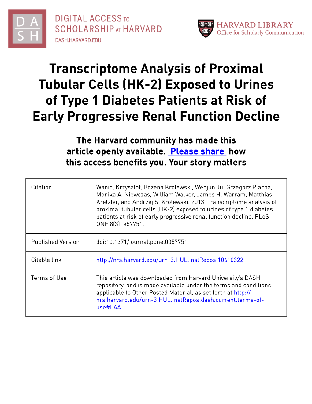 Transcriptome Analysis of Proximal Tubular Cells (HK-2) Exposed to Urines of Type 1 Diabetes Patients at Risk of Early Progressive Renal Function Decline