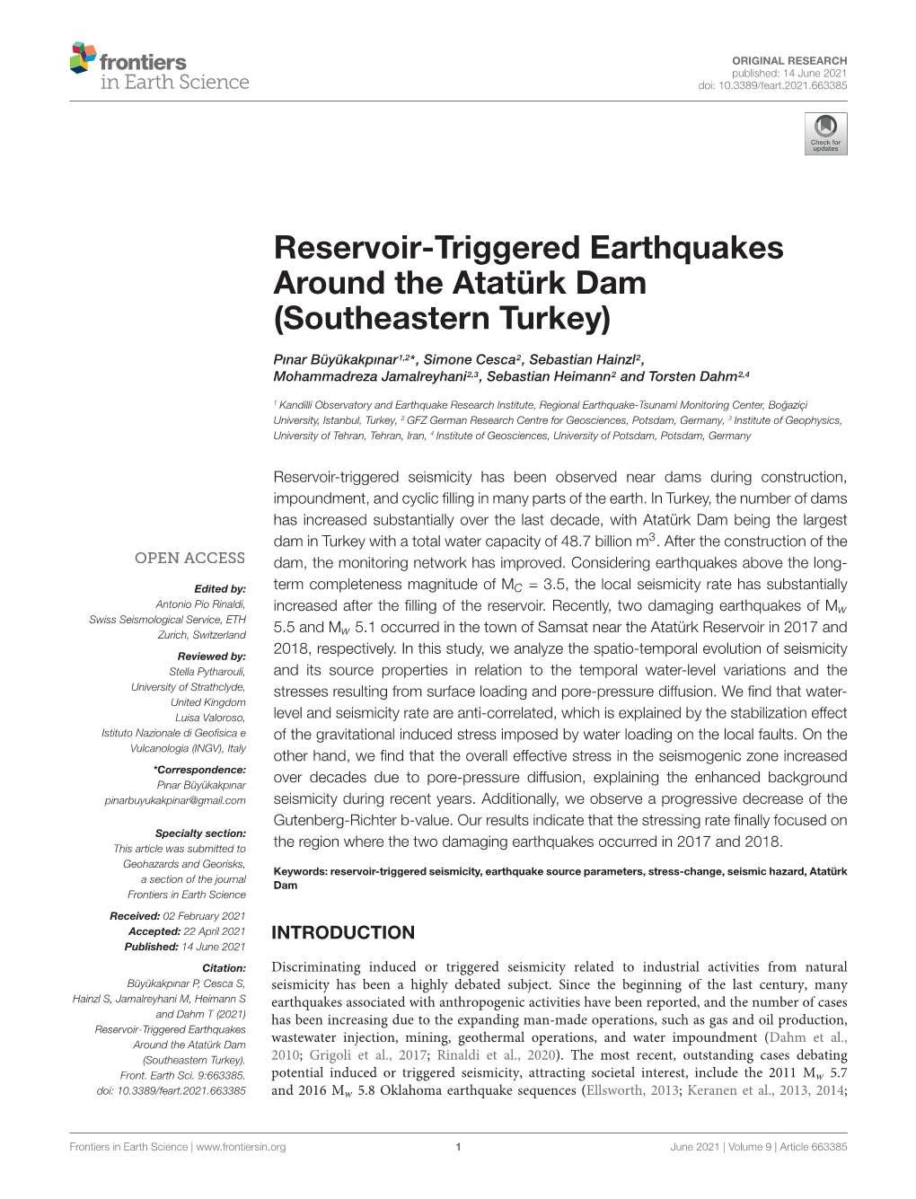 Reservoir-Triggered Earthquakes Around the Atatürk Dam (Southeastern Turkey)