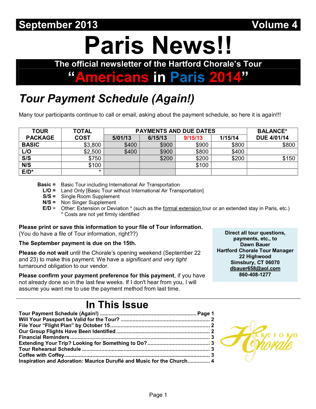 Paris News!! the Official Newsletter of the Hartford Chorale’S Tour “Americans in Paris 2014”