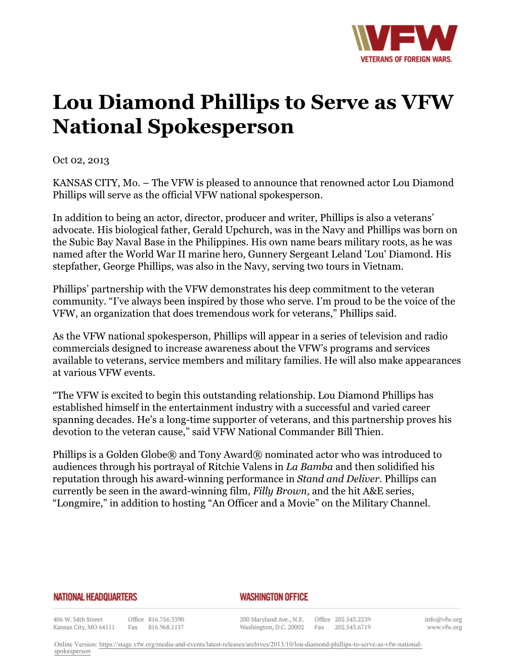 Lou Diamond Phillips to Serve As VFW National Spokesperson