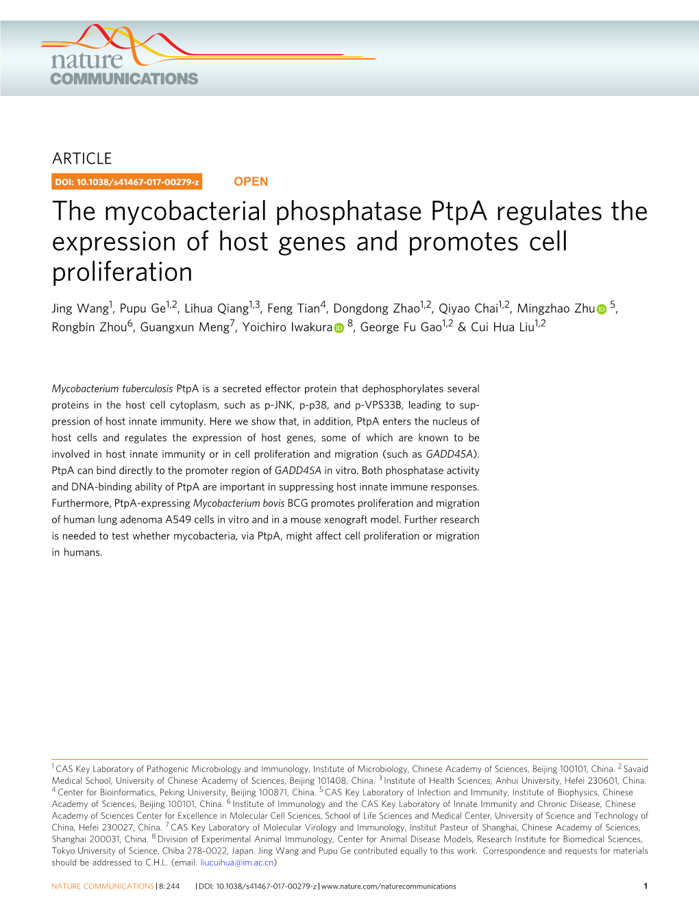 The Mycobacterial Phosphatase Ptpa Regulates the Expression of Host Genes and Promotes Cell Proliferation