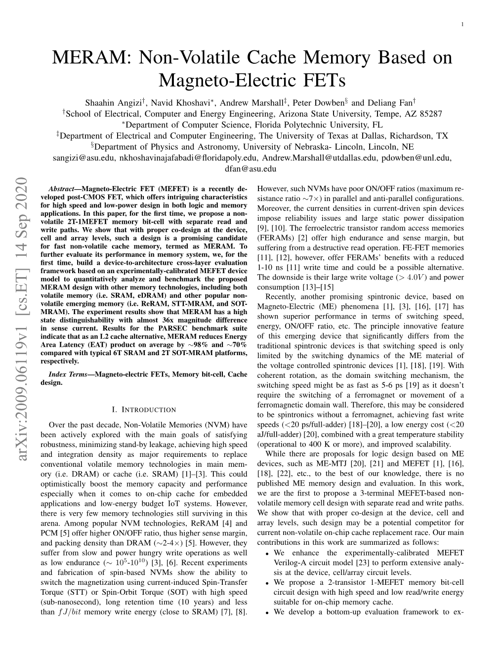 MERAM: Non-Volatile Cache Memory Based on Magneto-Electric Fets