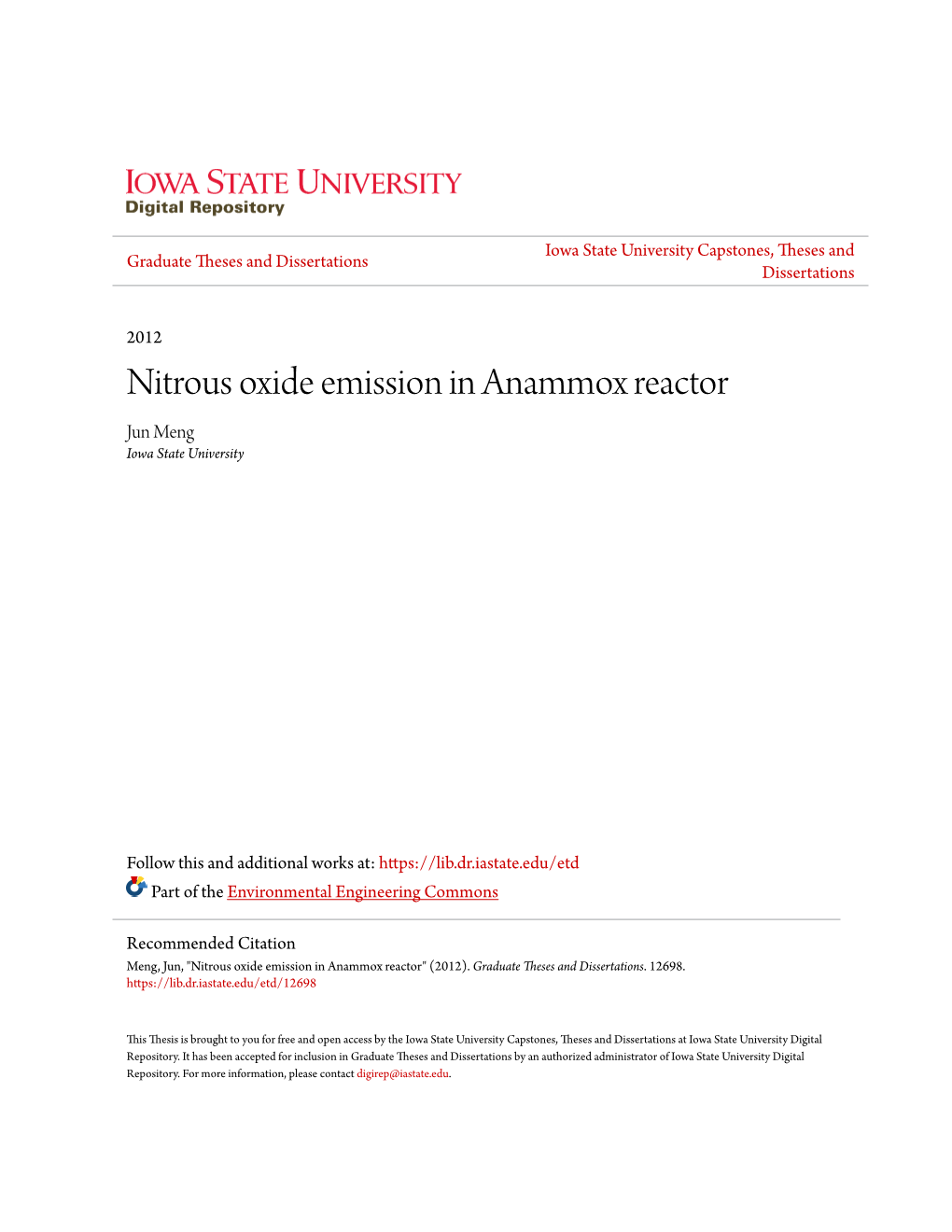 Nitrous Oxide Emission in Anammox Reactor Jun Meng Iowa State University