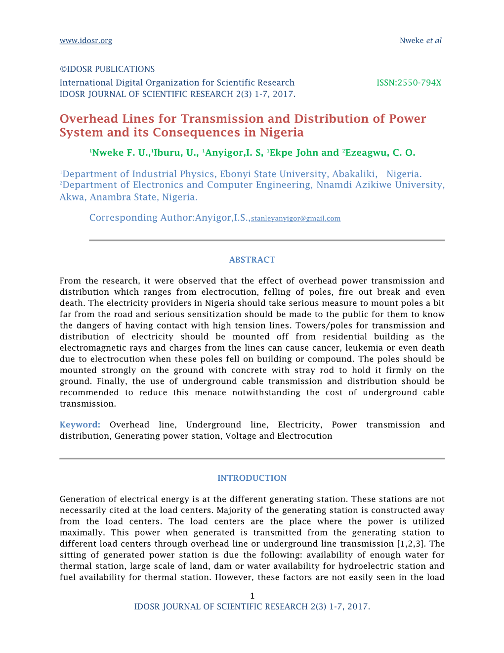 Overhead Lines for Transmission and Distribution of Power System and Its Consequences in Nigeria