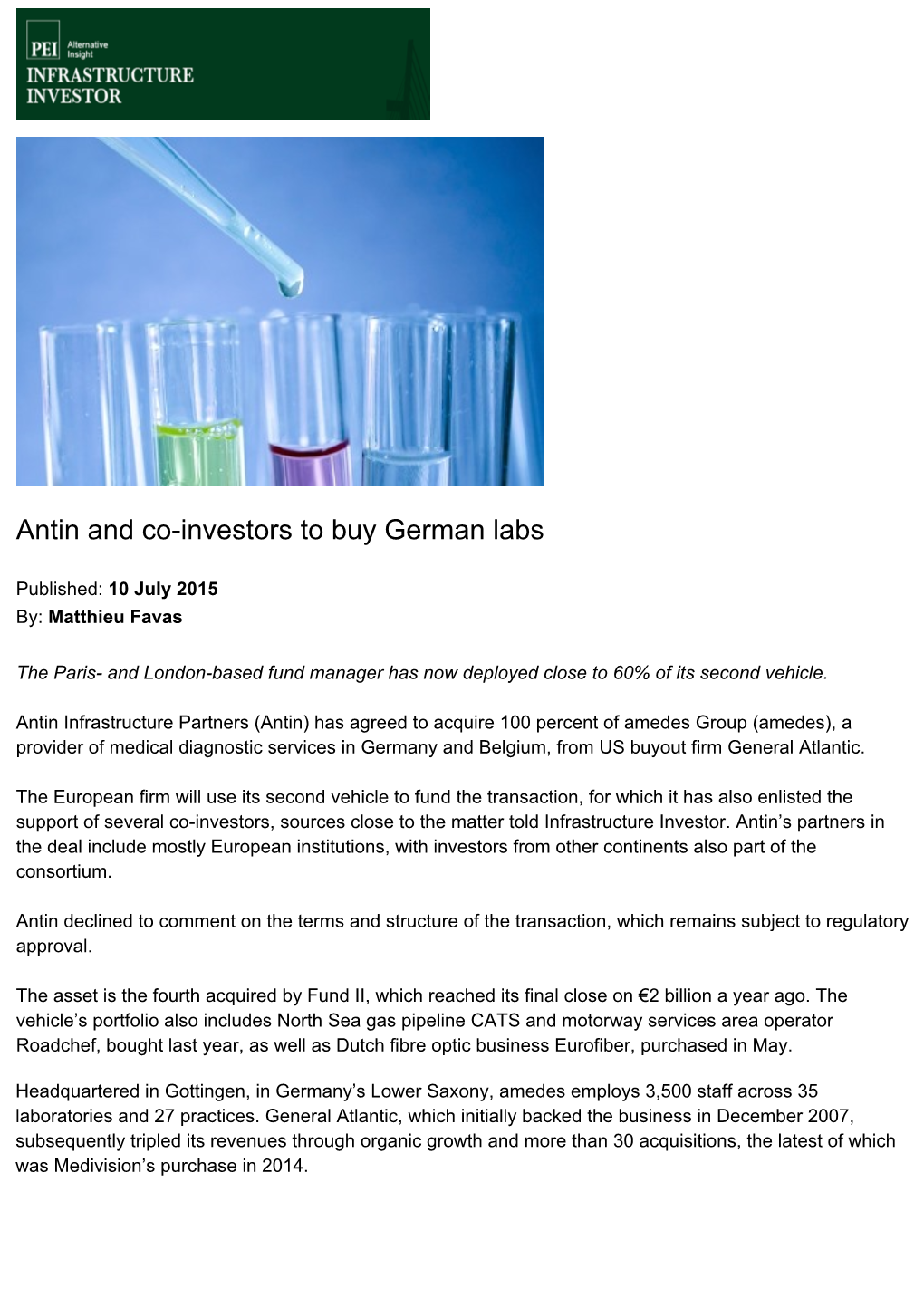 Antin and Co-Investors to Buy German Labs