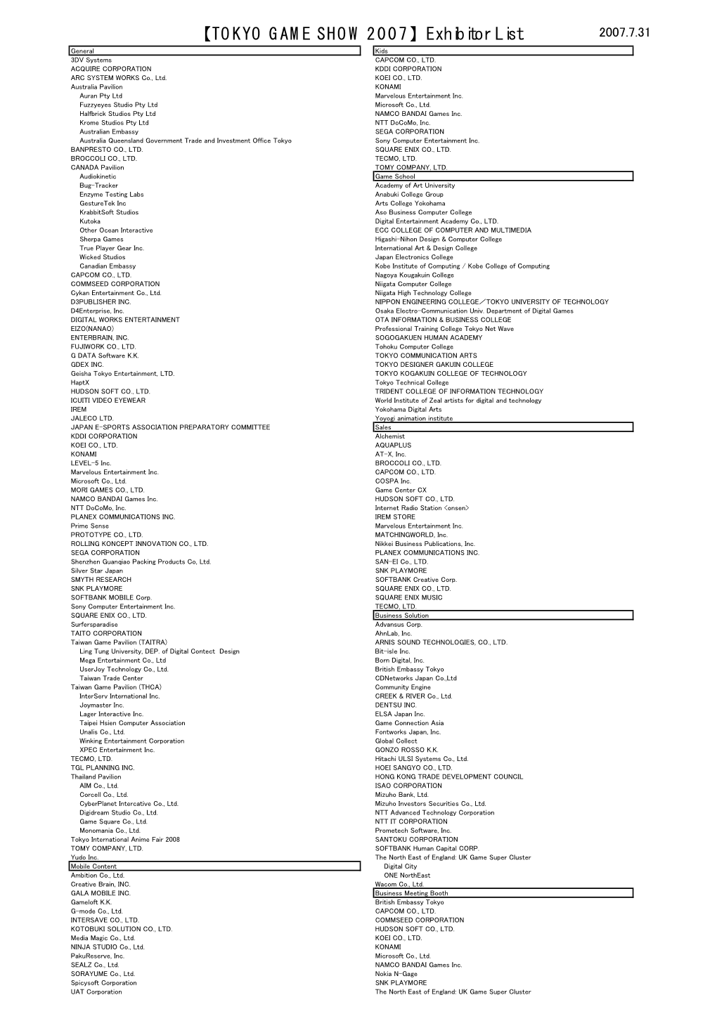 【TOKYO GAME SHOW 2007】Exhibitor List 2007.7.31 General Kids 3DV Systems CAPCOM CO., LTD