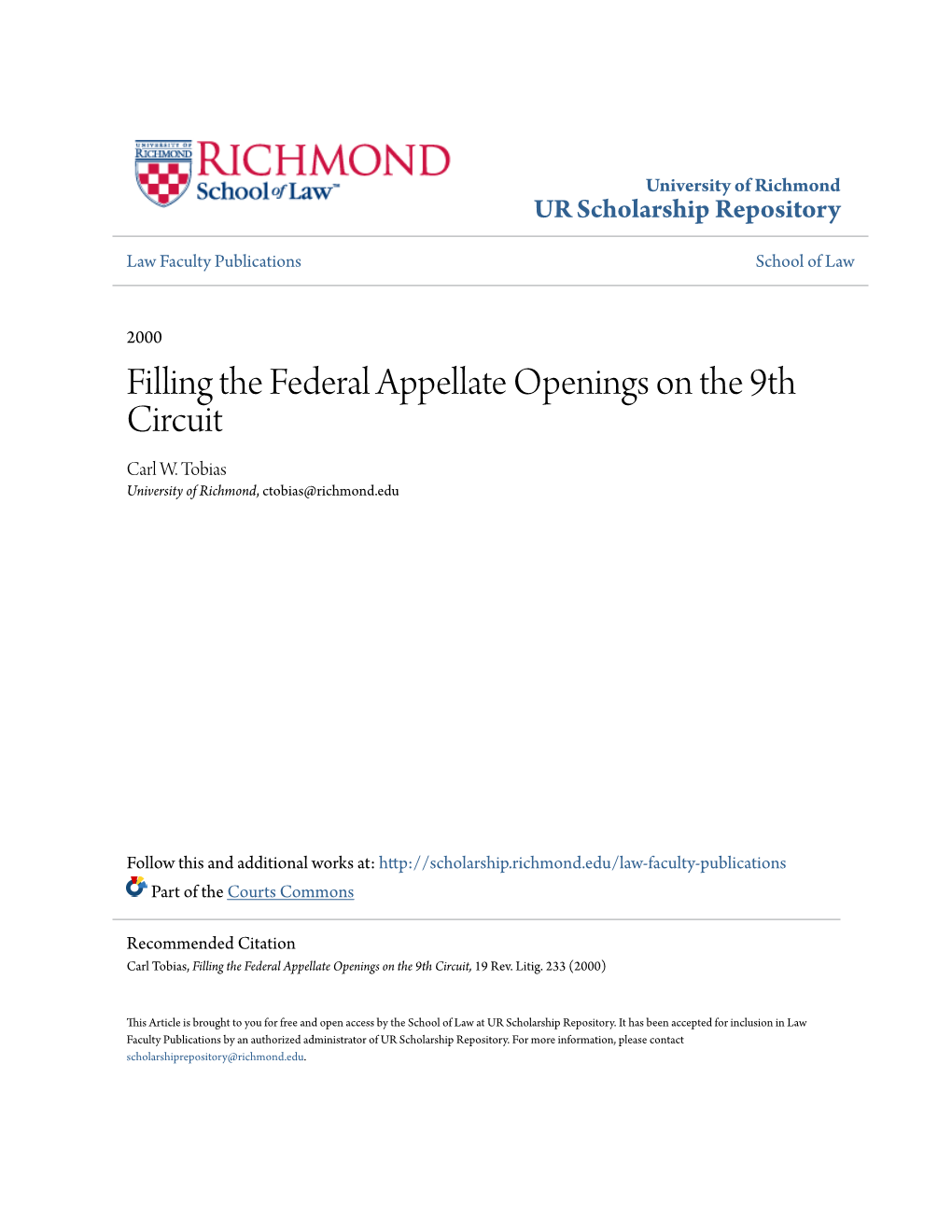 Filling the Federal Appellate Openings on the 9Th Circuit Carl W