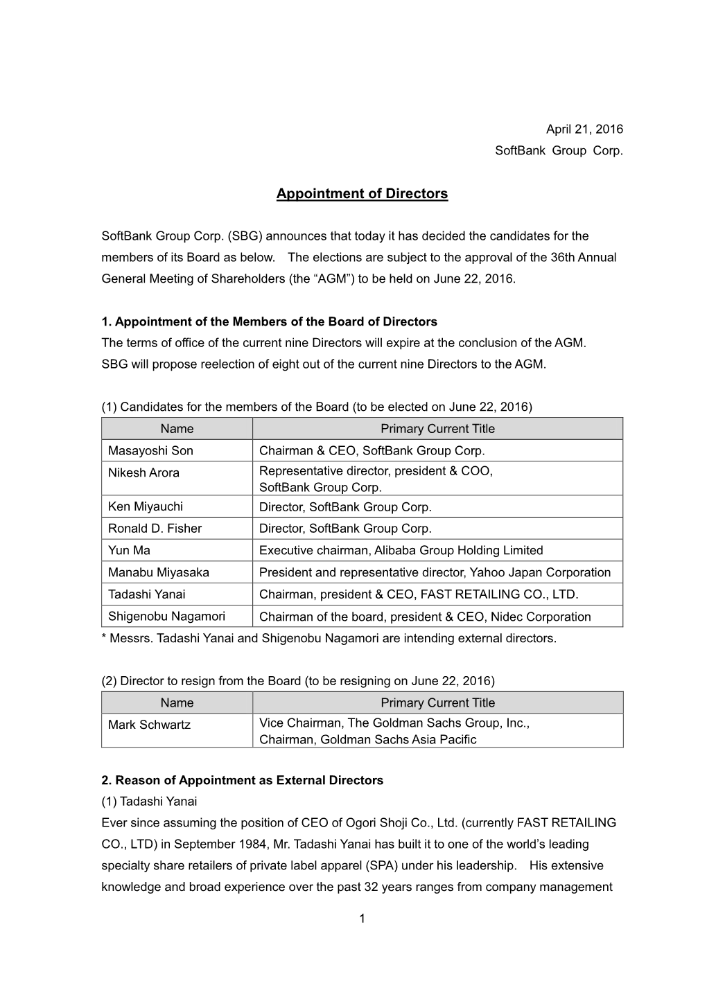 Appointment of Directors